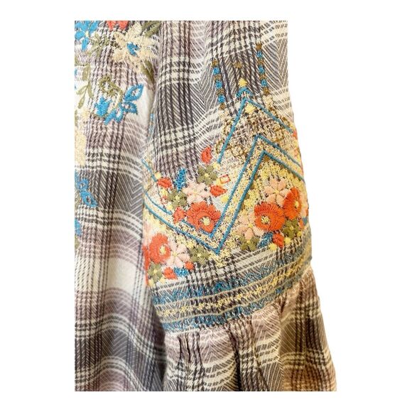 ANDREE Unit Plaid Light Flannel Floral Embroidered Tunic Top Sz S - Picture 2 of 5
